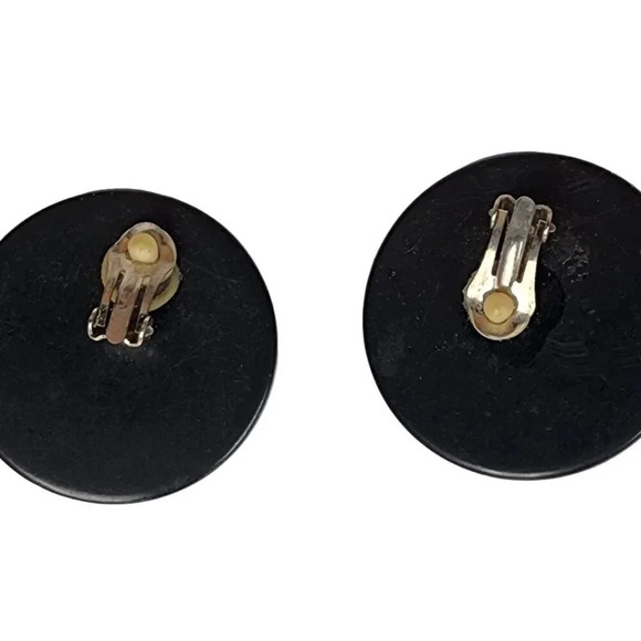 Vintage 60s-70s Red Dome Black Circle Earrings Clip on Gold Tone - Picture 2 of 2